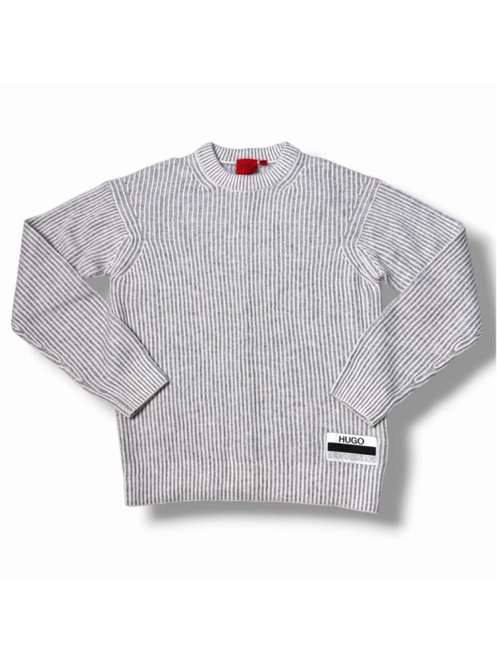 Hugo Boss Mens Shairo Wool Alpaca Knit Ribbed Gray Crewneck Sweater Medium Logo
